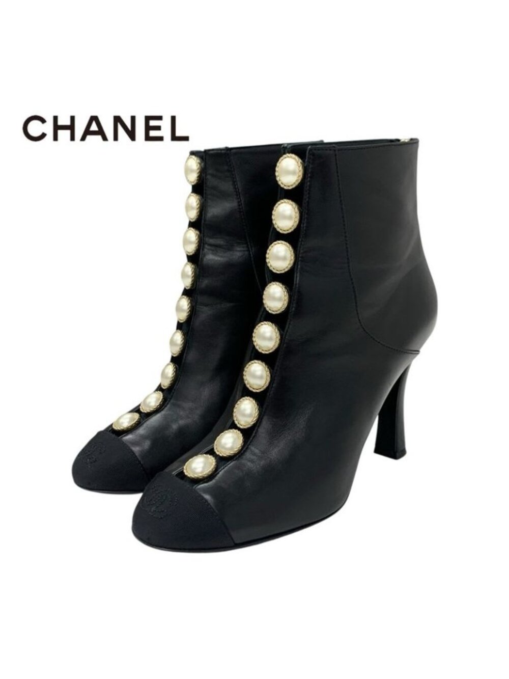 Chanel Boots Short Shoes Leather Fabric Black Coco Mark Pearl - Picture 1 of 10